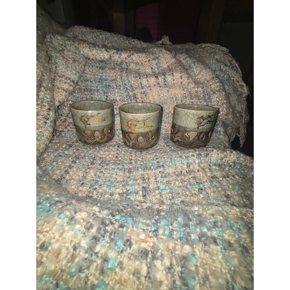 Vintage Japanese Soma Ware Somayaki Dragon Tea Cups Set of 3 Celadon Crackle
